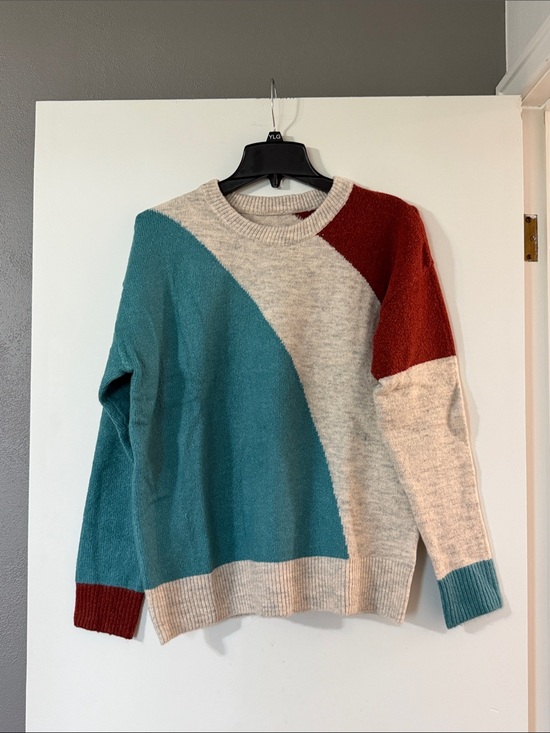 No brand Sweaters - Women's Colorblock Crewneck Sweater in Teal, Cream & Rust